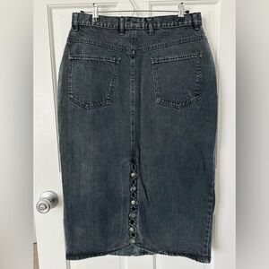 Vintage Baccini Black Denim Midi Skirt with Curvy Snap Slit Size 14 Large